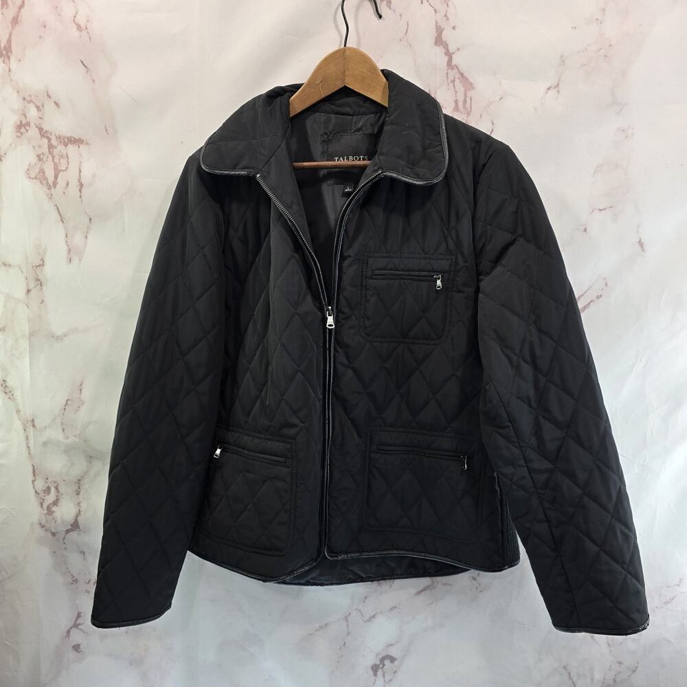 Talbots Jacket Women Large Black Synthetic Puffer Insulated Quilted Leather Trim